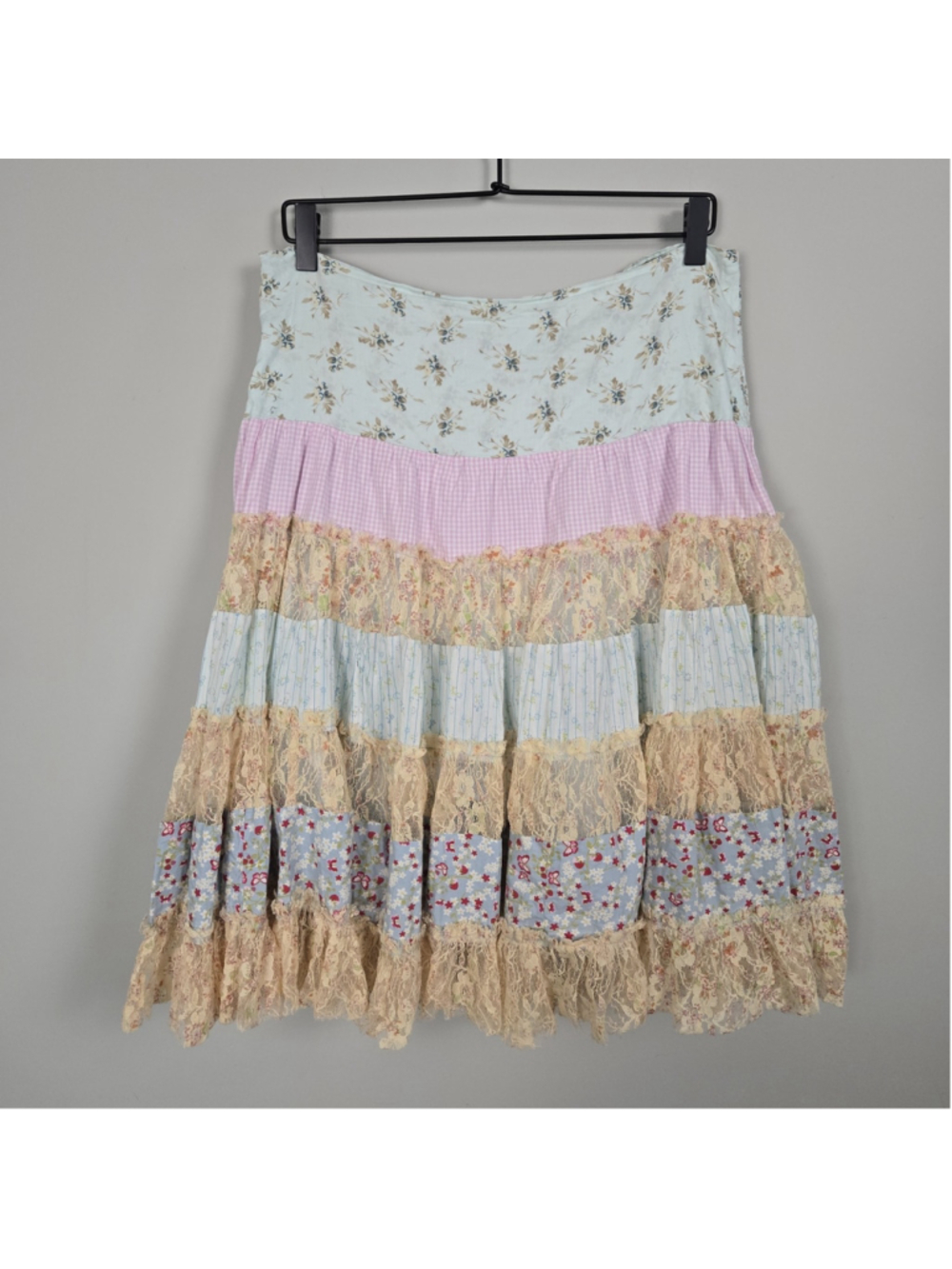Luna Luz Womens Patchwork Lace Tiered Midi Skirt Medium Boho Cottage Prairie